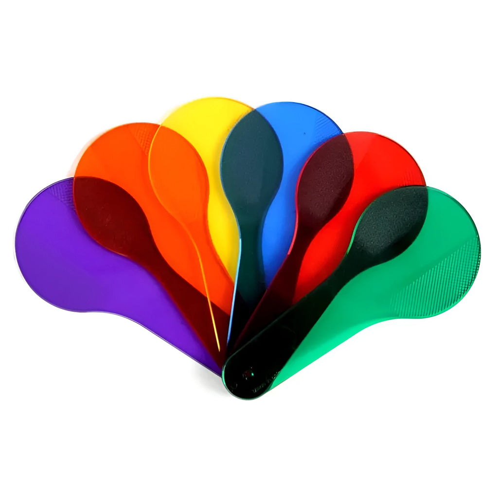 Six PVC colouring boards for children in red, yellow, blue, green, orange, and purple.