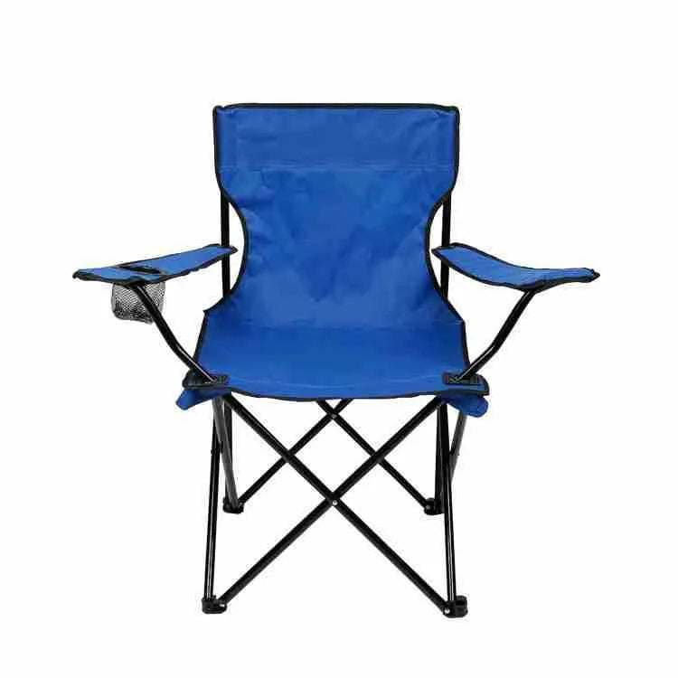 Outdoor fishing chair with black steel frame and blue 600D Oxford cloth backrest seat, folded for transport