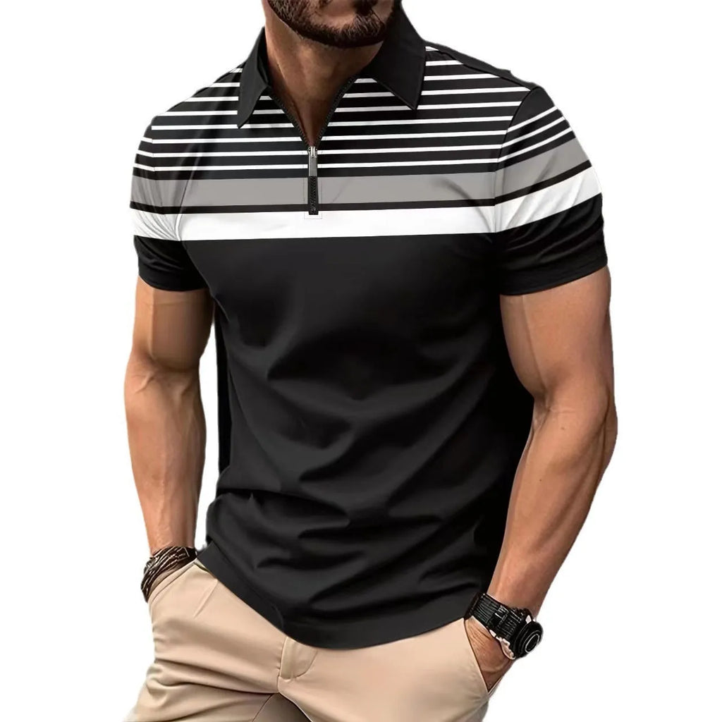 Men's black striped loose fit short sleeve T-shirt made of polyester fibre