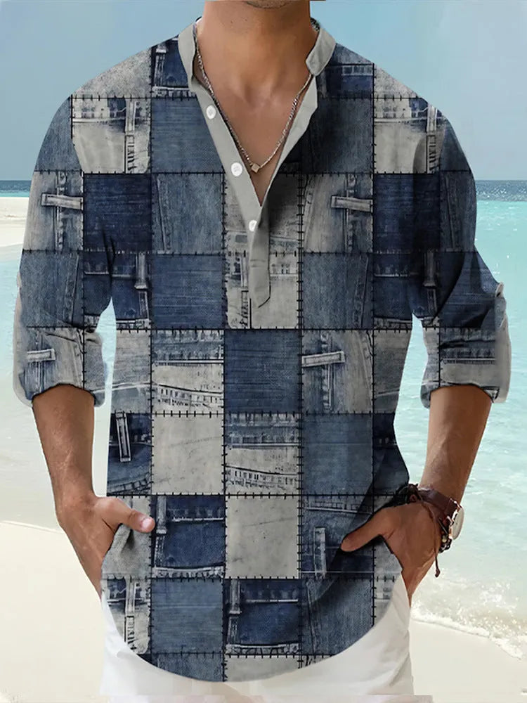 Men's thin digital bamboo linen Hawaiian shirt with stripe pattern in cardigan style
