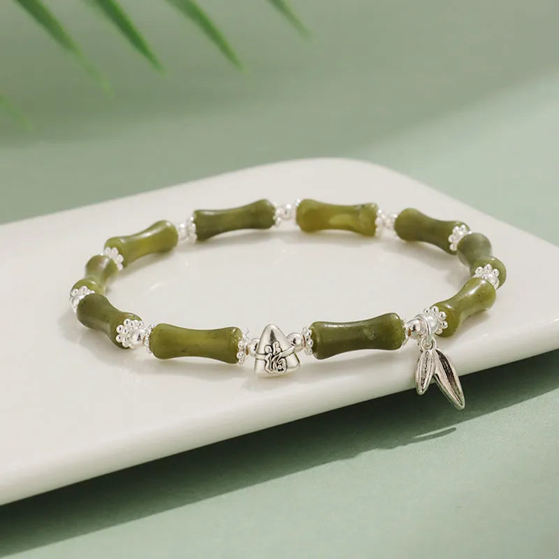 Green aventurine bamboo pattern bracelet with electroplated components and adjustable closure