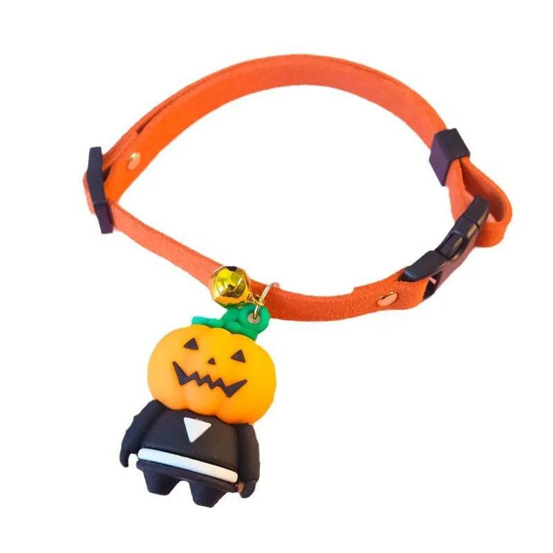 Halloween pet collar with glow-in-the-dark pumpkin man design adjustable for dogs and cats