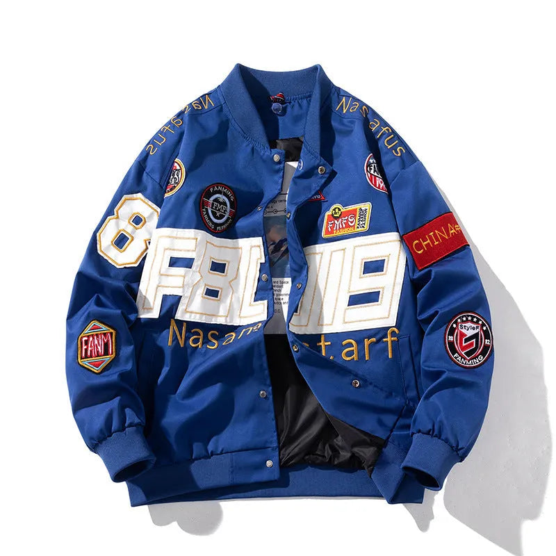 American motorcycle baseball uniform jacket in black, red, or blue with removable hood and cotton-padded lining