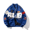 American motorcycle baseball uniform jacket in black, red, or blue with removable hood and cotton-padded lining