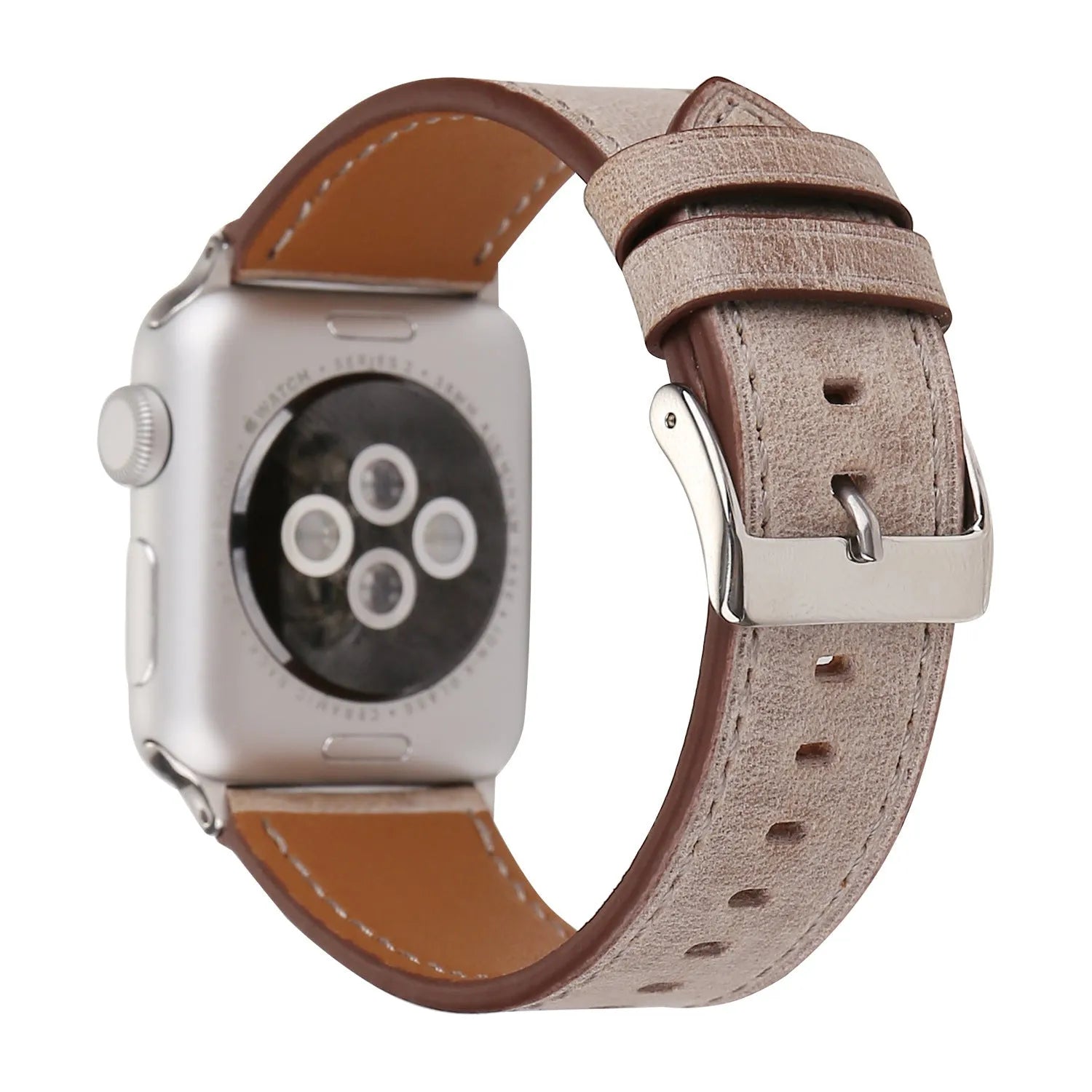 Blue leather watch strap with a silver folding buckle on a 42mm width watch case.