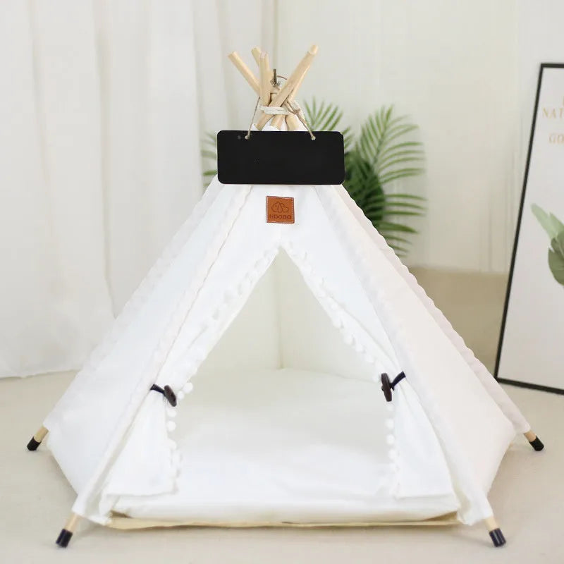 Striped flax linen pet teepee tent with removable cushion for small dogs and cats