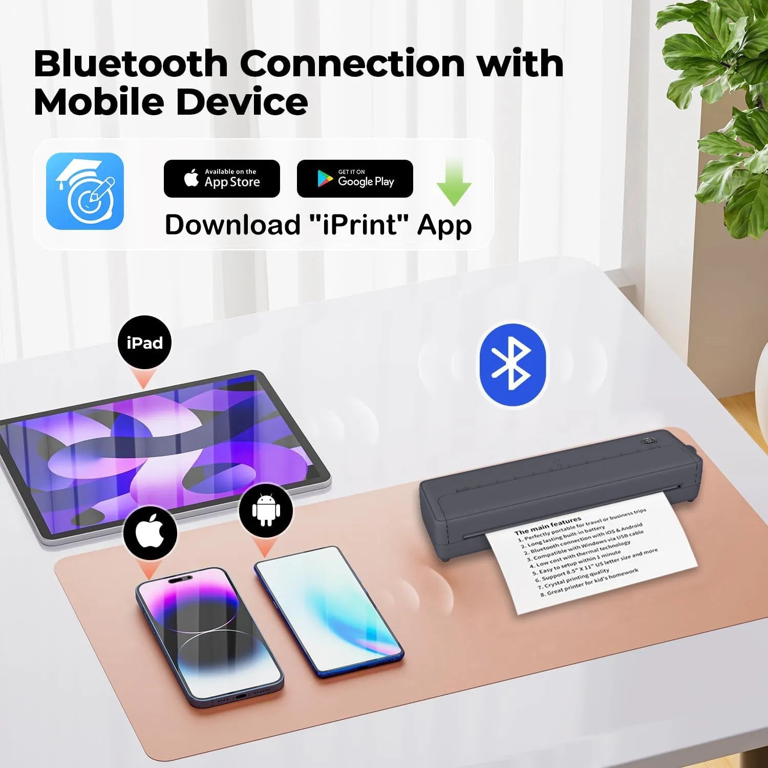 X8 portable A4 Bluetooth printer in black or white colour with wireless mobile connectivity
