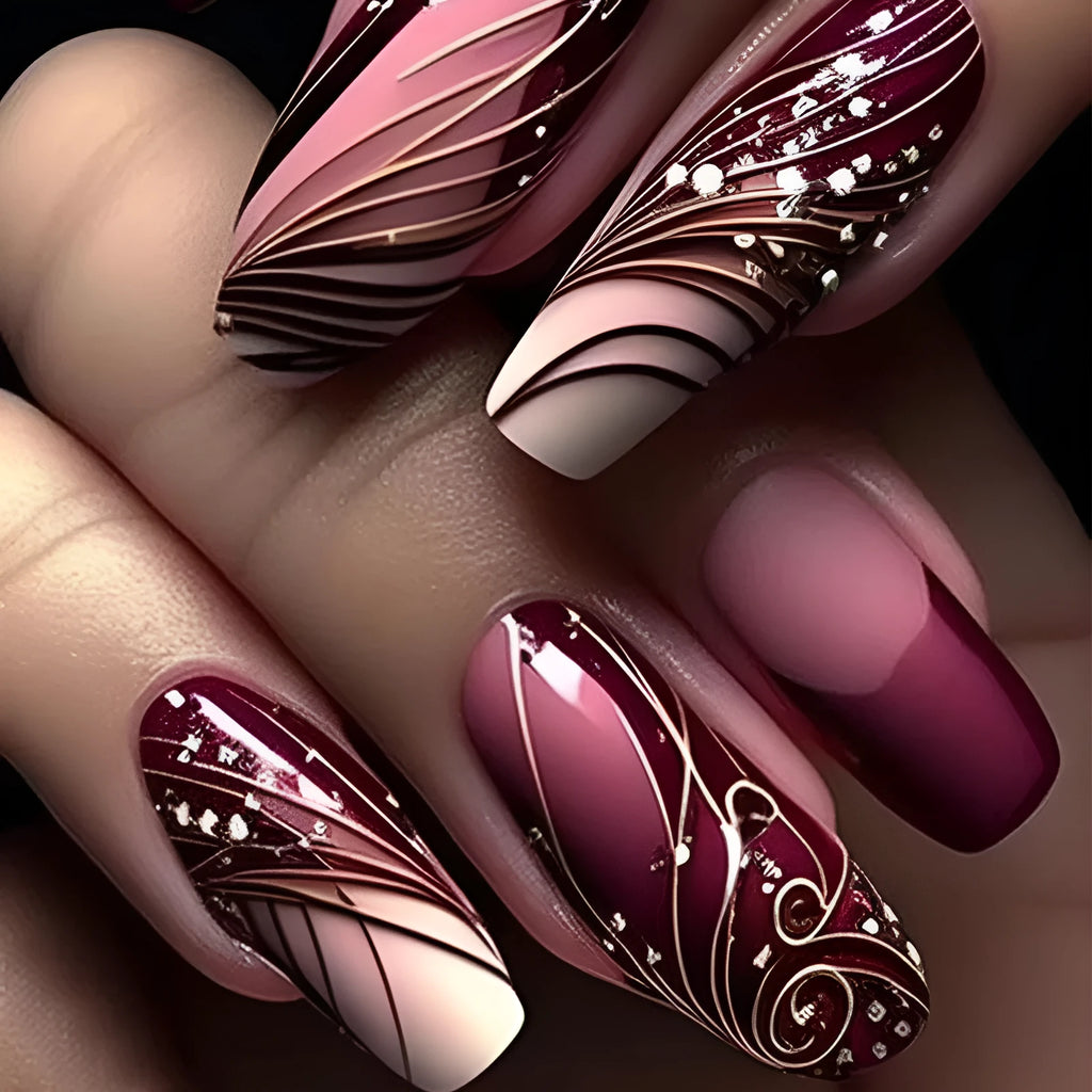 French line patterned removable nail sticker patches and glue tube on white background.