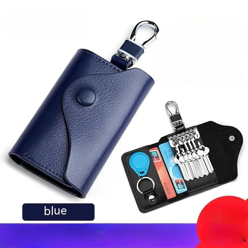 Genuine leather keychain card holder in a square vertical shape, shown in black with sequin details.
