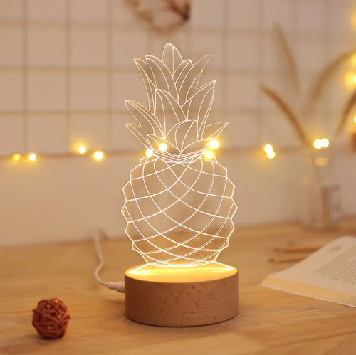 Pineapple-shaped wooden and acrylic bedside lamp with USB cable and dimmer switch.