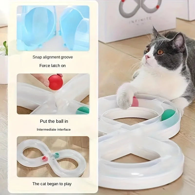 Blue and white cat turntable track ball toy with rotating stick for indoor feline play