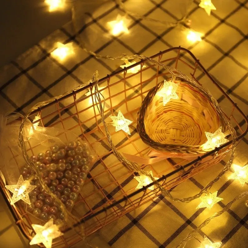 LED five-pointed star string lights with copper wire in warm white colour
