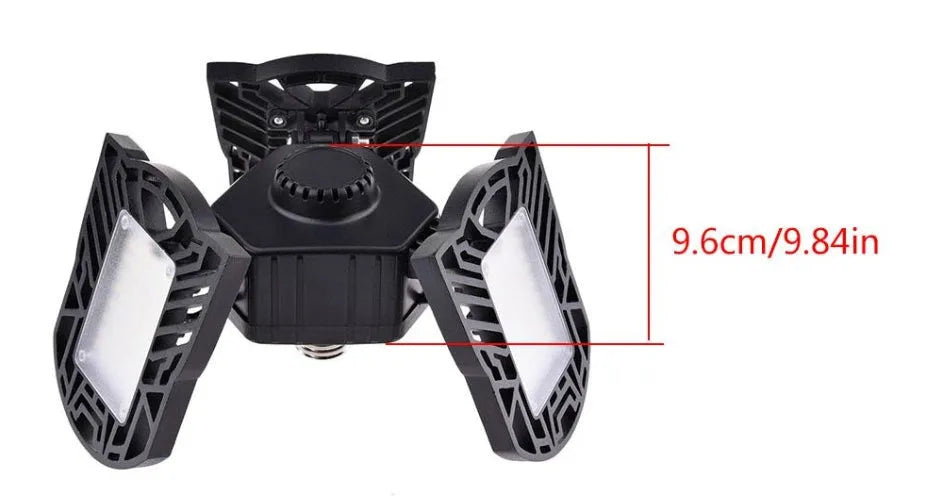 Silver 60W deformable LED garage light with adjustable heads, E27 base, and IP65 rating