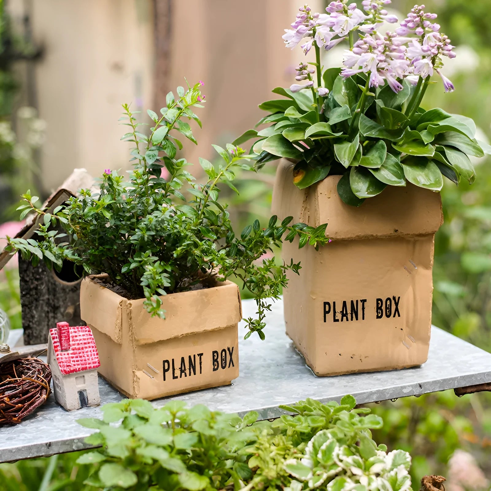 Cement flowerpot with perforated base and Nordic brown paper box design