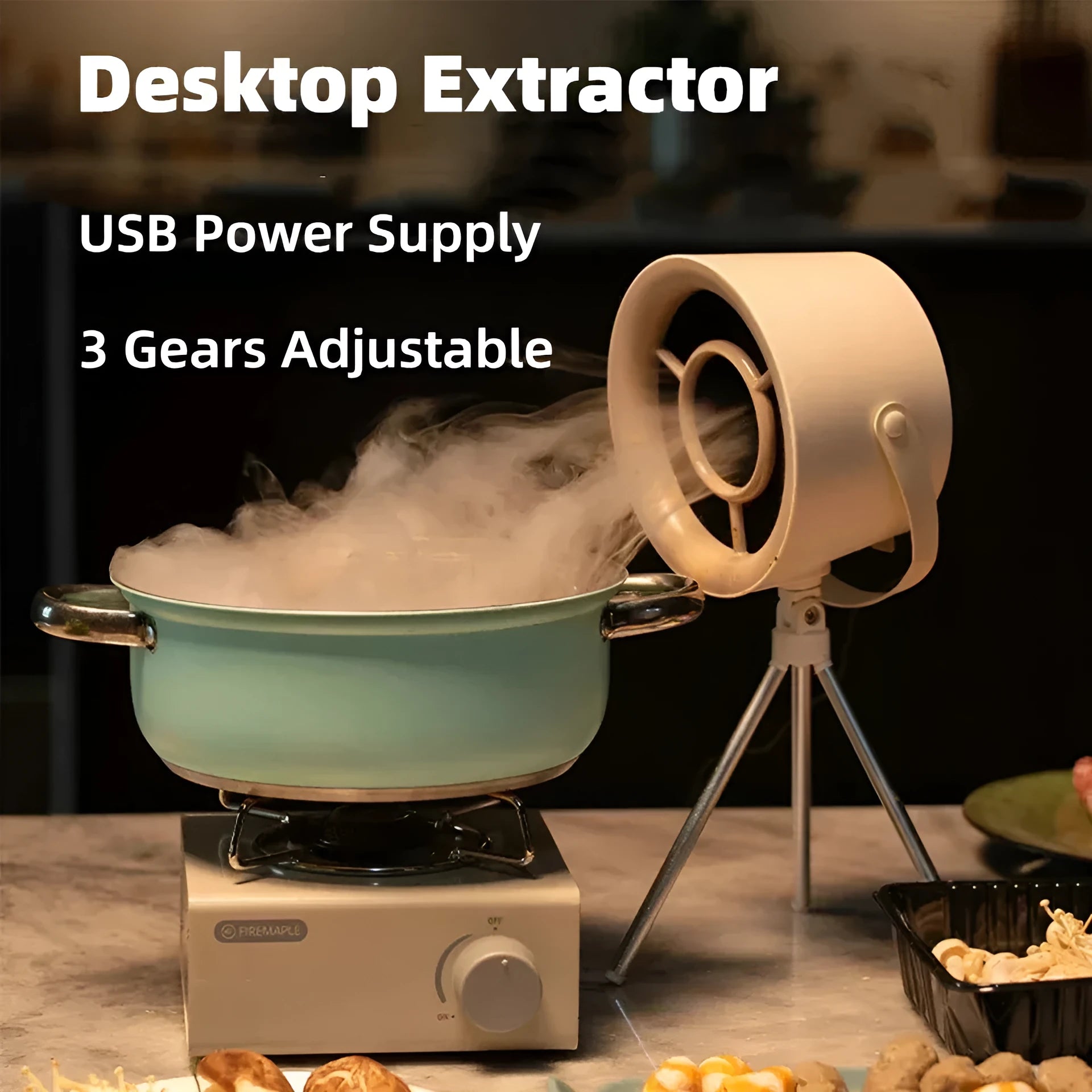 Milky white portable desktop exhaust fan with USB cable and removable filter on tripod stand