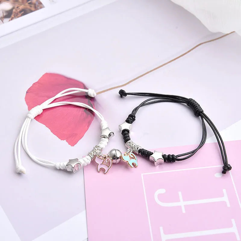 Magnet couple bracelets with electroplated finish showing magnetic clasp and symbolic design options