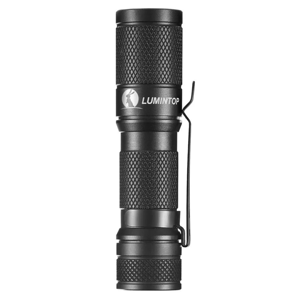 Black Lumintop Tool AA 2.0 keychain flashlight with magnetic tail cap and diffuser accessory