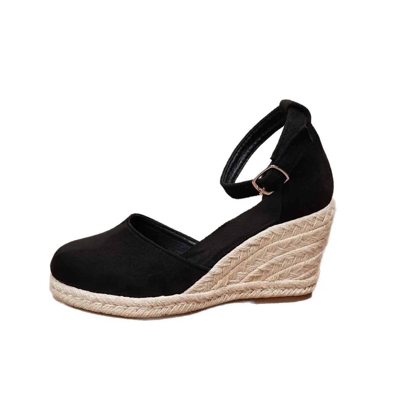 Women's apricot suede and canvas wedge sandals with round toe and buckle