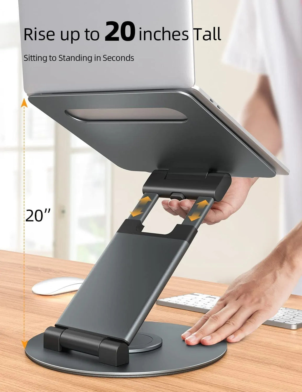 Aluminium alloy laptop bracket on desk with 360-degree rotating base and lifting mechanism