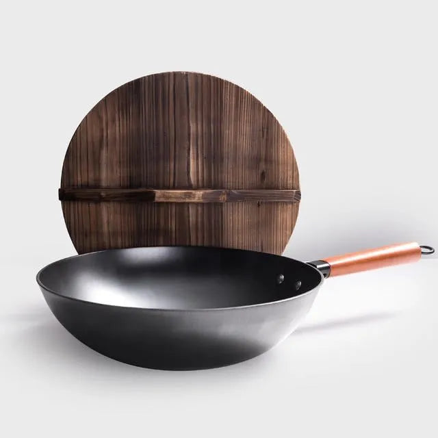Traditional handmade iron wok with wooden handle and glass lid, 40cm diameter