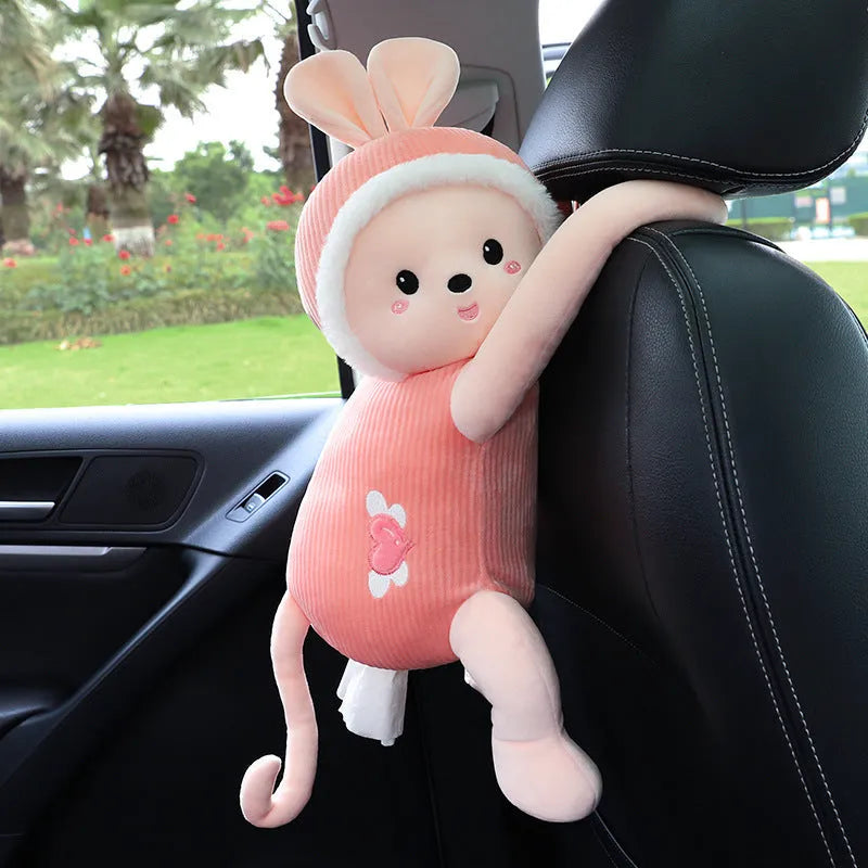 Soft plush car seat back tissue box holder with cute animal design