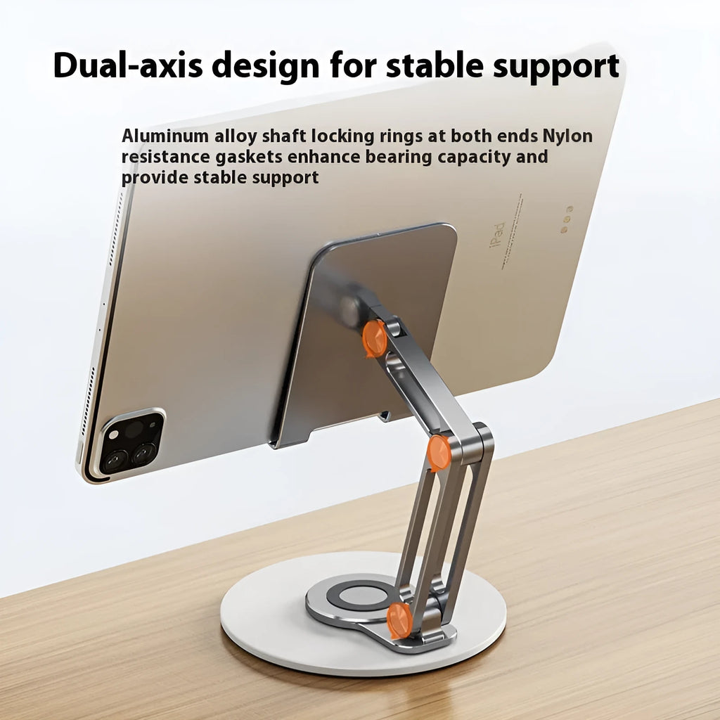 Compact 360-degree rotating mobile phone and tablet stand in metal and silicone, bright moon silver colour