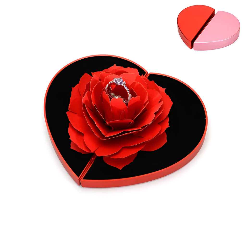 Red heart-shaped rotating ring box with 3D love motif and rose decoration for jewellery packaging