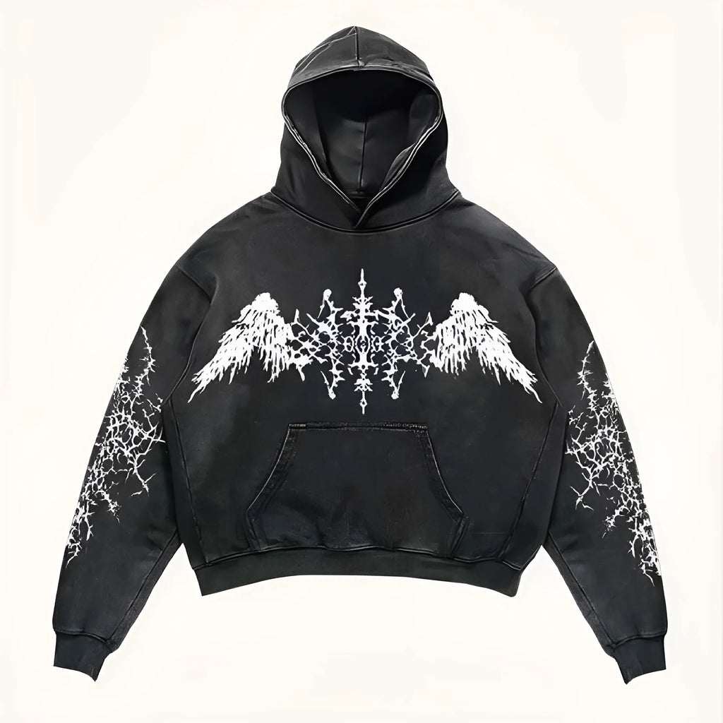 Men's black hooded long sleeve sweatshirt on plain background