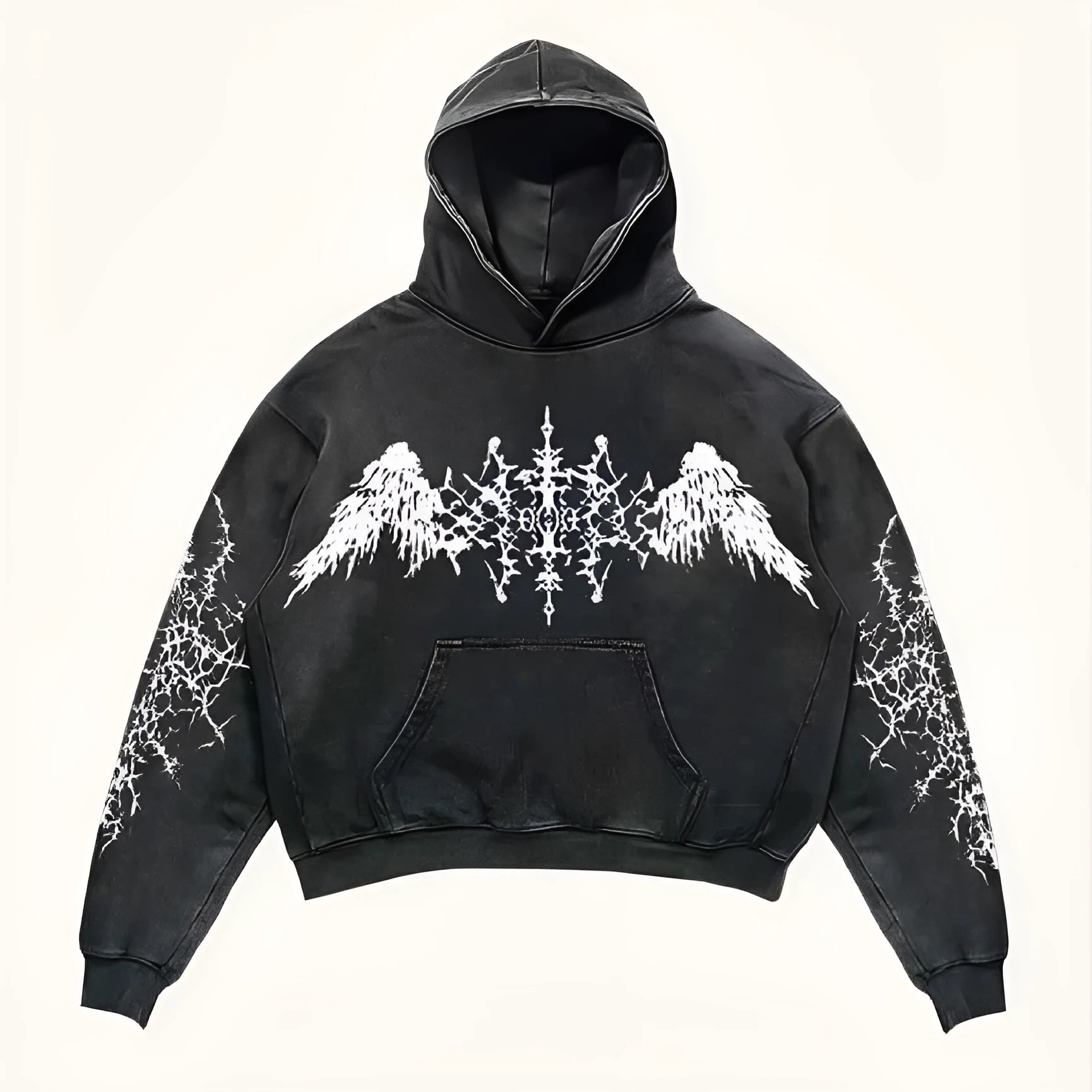 Men's black hooded long sleeve sweatshirt on plain background