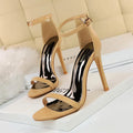 Open toe high heels with an ankle strap and buckle in a choice of six solid colours.