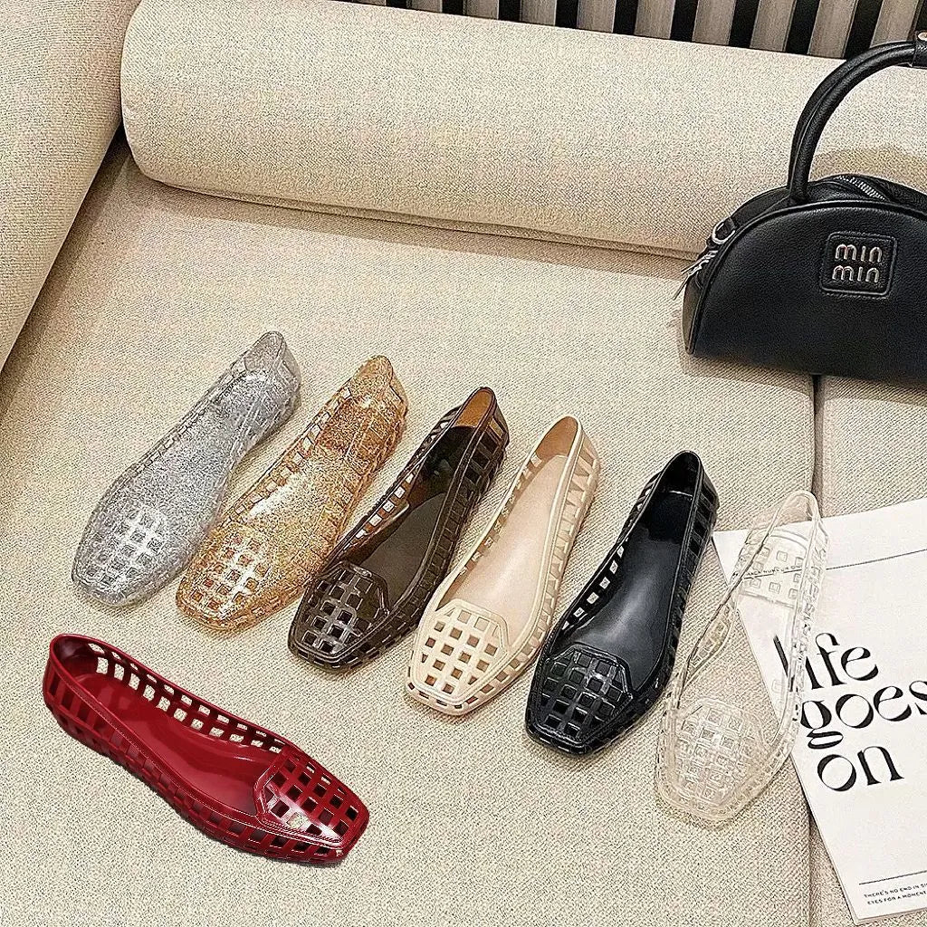 Square toe gel leisure slipper in various colours with transparent and metallic options on a PVC sole.