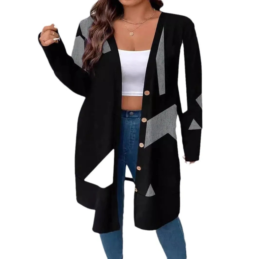 Black plus size cardigan coat with button stitching printing design on polyester fabric