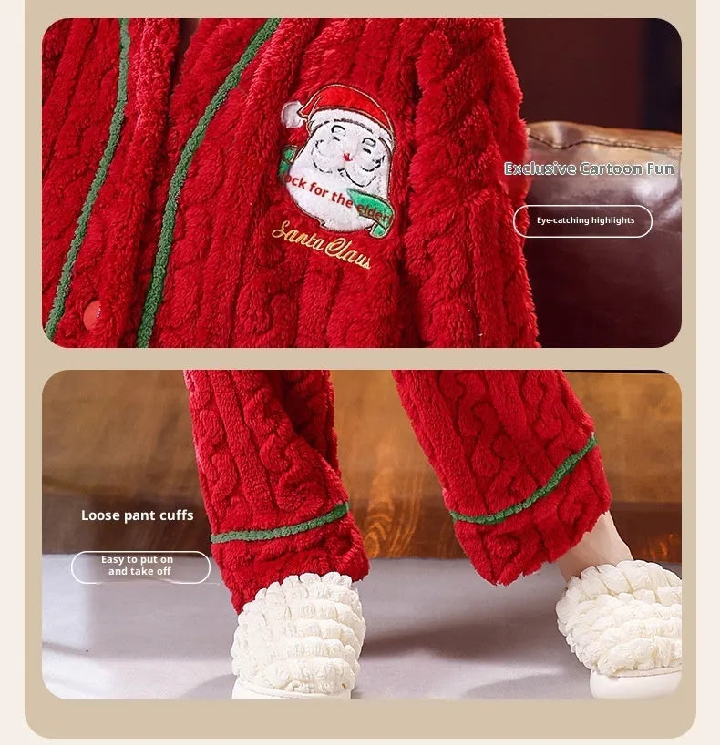 Winter women's flannel homewear leisure set in red Christmas print with top and pants