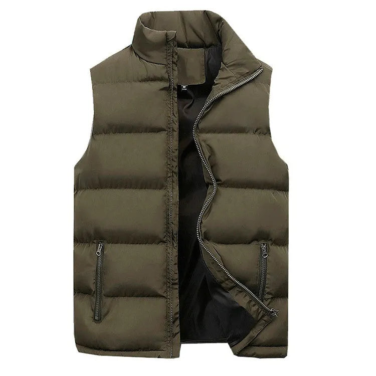 Men's cotton padded sleeveless vest in plaid pattern with round hem, available in red, black, and navy blue