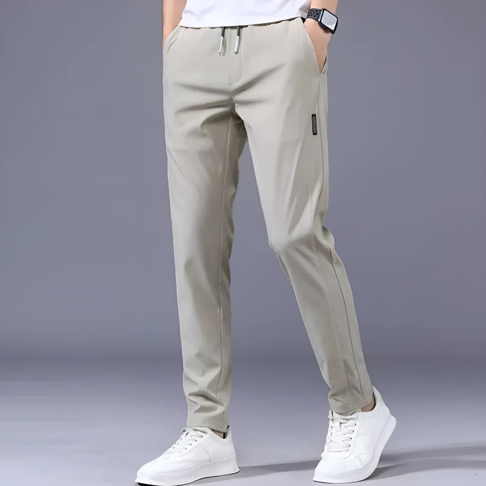 Men's drawstring trousers Korean version loose straight leg sweatpants in khaki colour on model