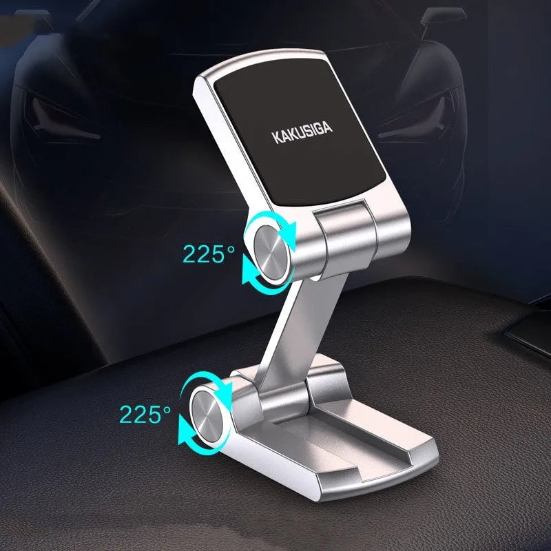 Collapsible magnetic car phone holder in silver, made of ABS leather metal, expanded position