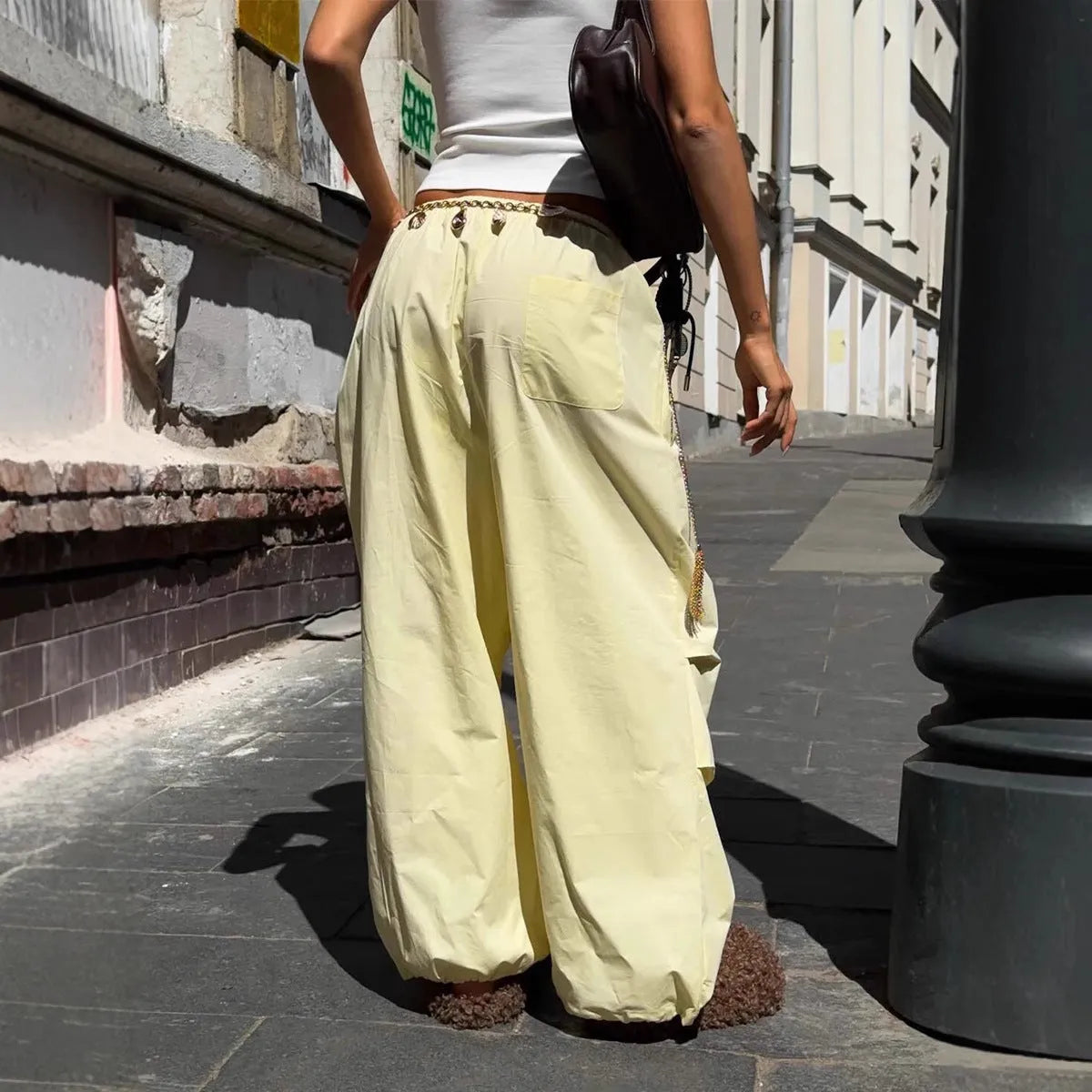 Solid yellow women's drawstring loose casual trousers with straight leg mid waist