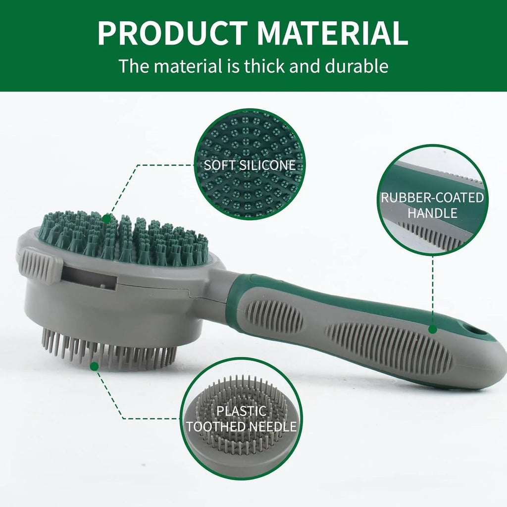 Green two-sided cat brush with retractable slicker and silicone massage pins on plastic handle