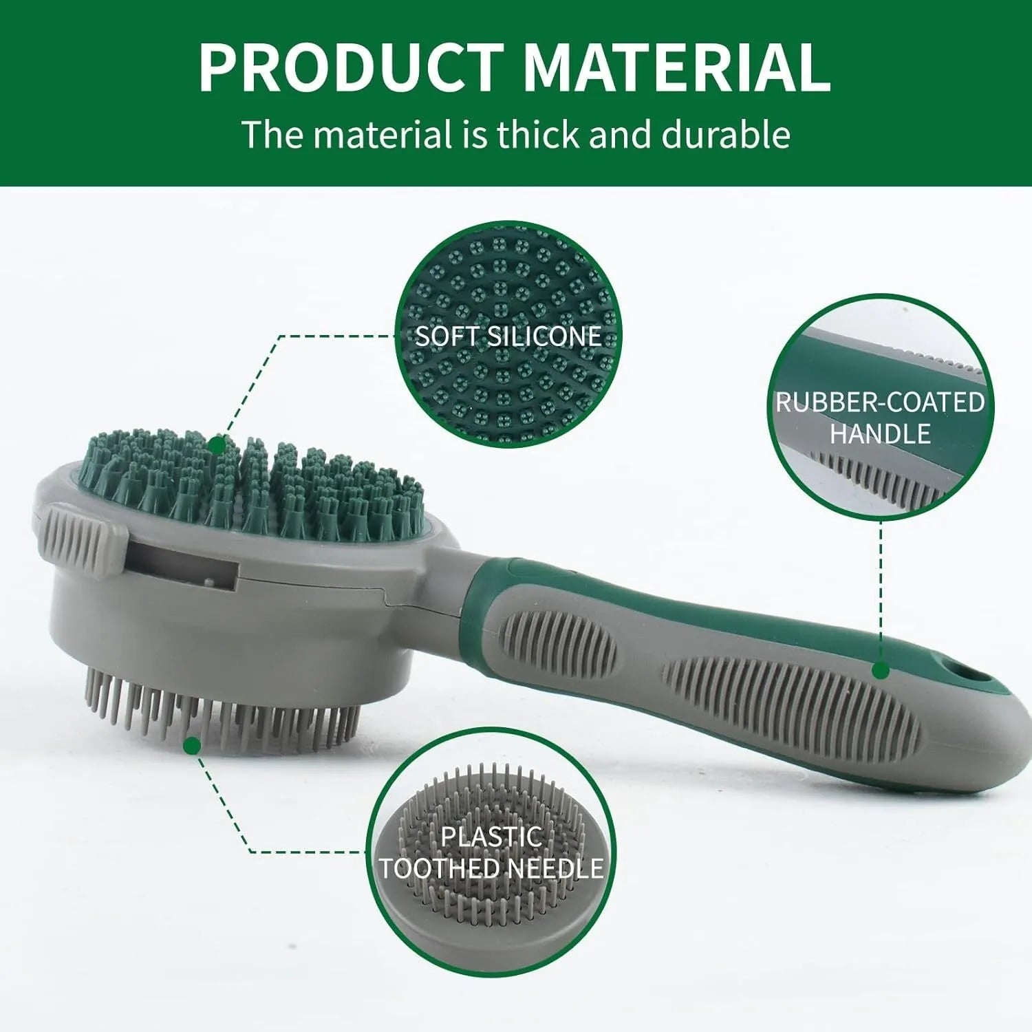 Green two-sided cat brush with retractable slicker and silicone massage pins on plastic handle
