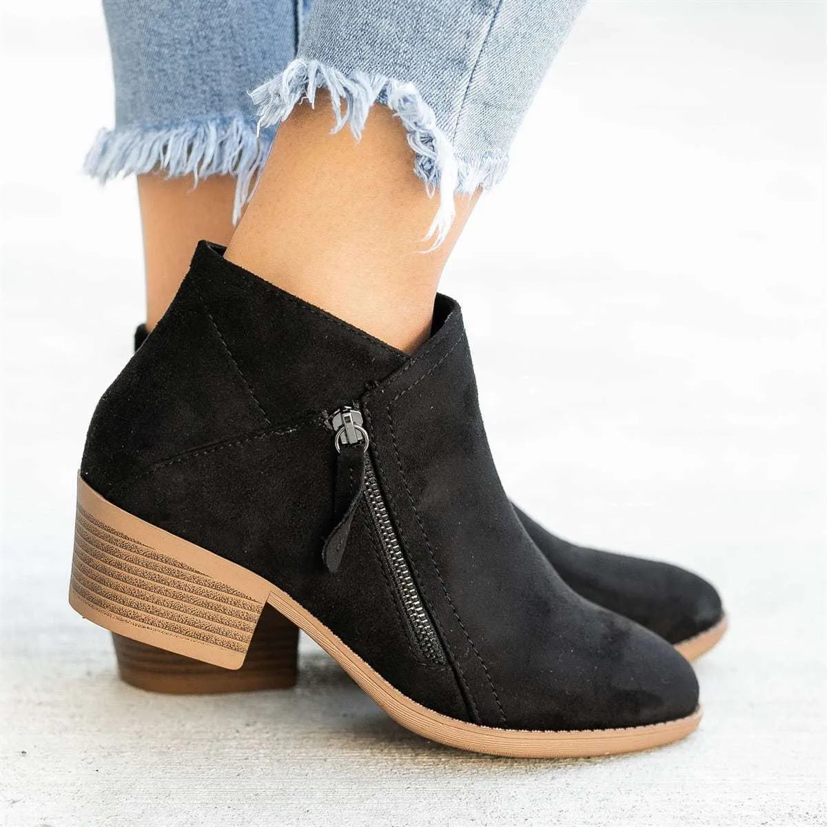 Women's blue suede ankle boots with a side zip and chunky heel, Dr. Martens style