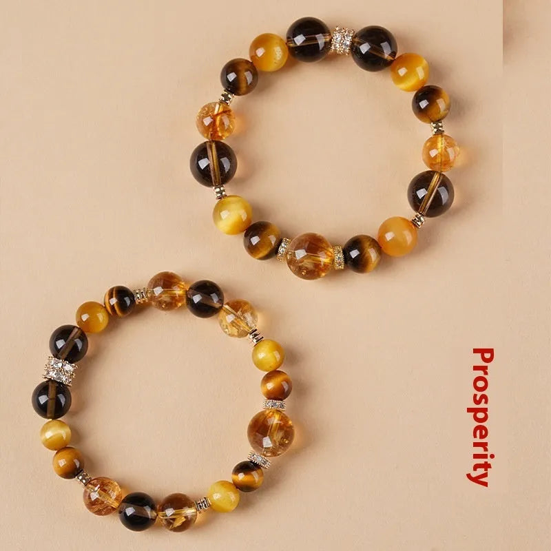 Natural yellow tiger-eye crystal bracelet with geometry pattern and lucky jinba design