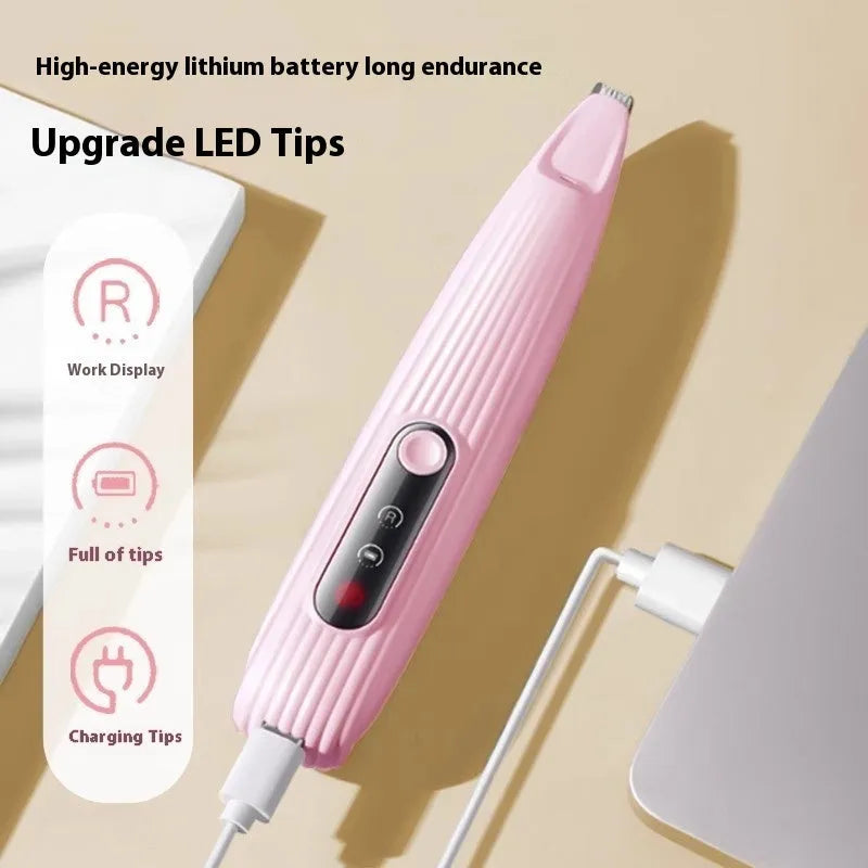 Electric pet nail grinder in four colours (pink, white, blue, yellow) with charging cable and cleaning brush, compact 16.2 x 3cm design