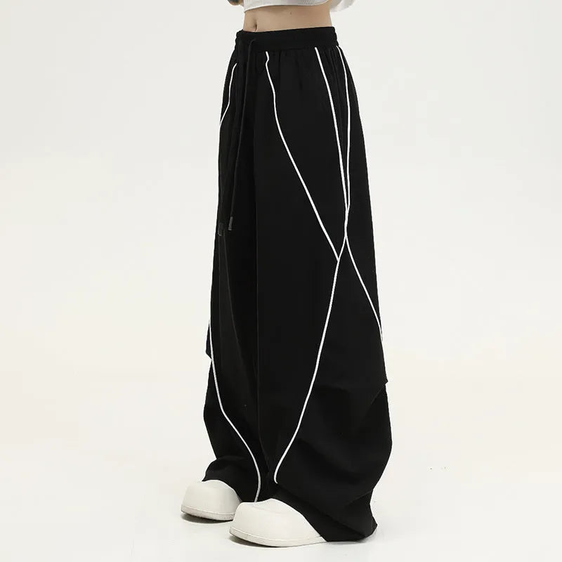Black striped wide-leg sports trousers with pleated mid waist for hip hop dance
