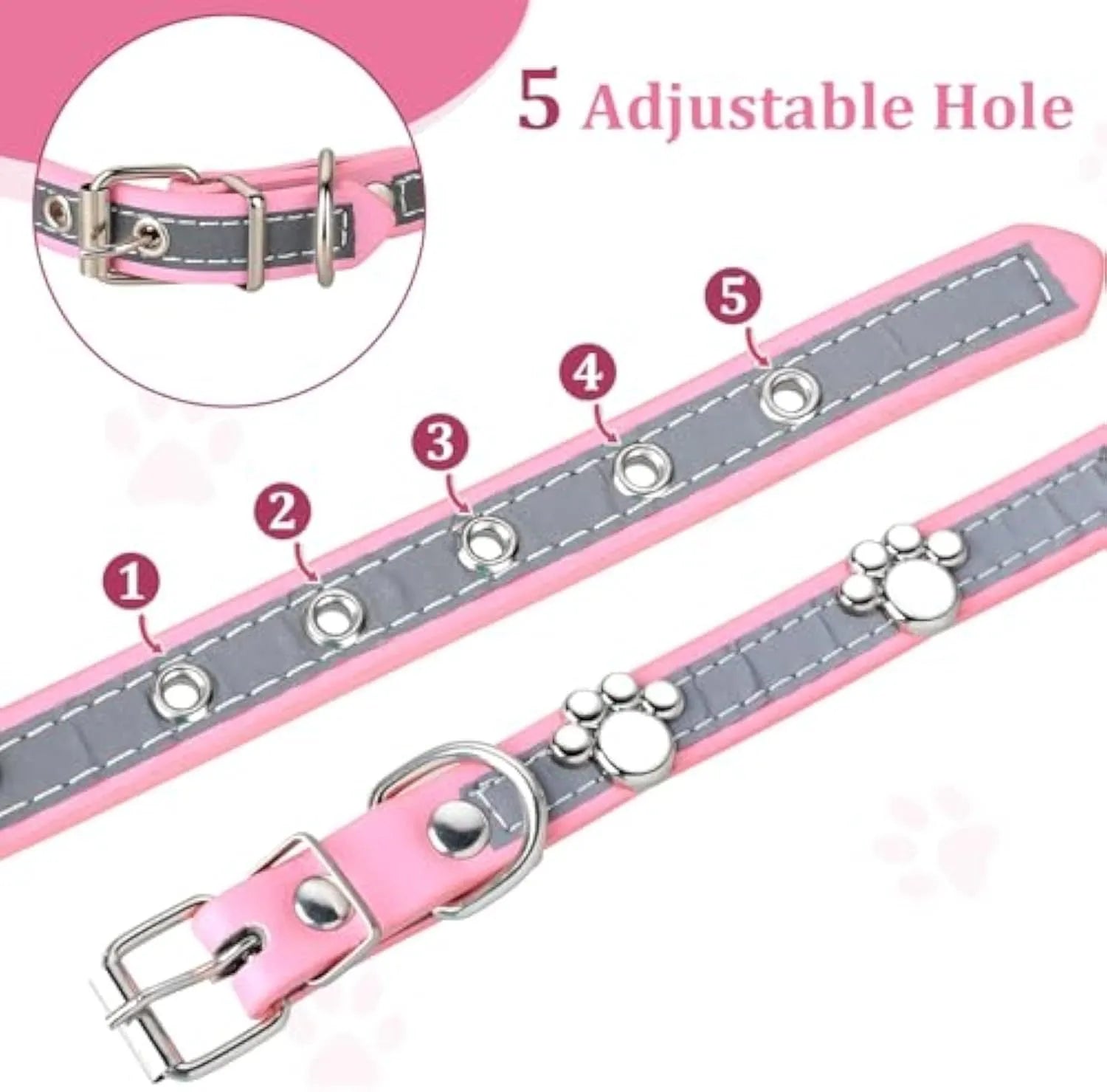 Reflective PU leather dog collar with metal buckle and cute paw rivet decoration, shown in multiple sizes.