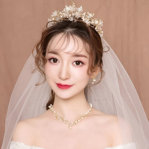 Bride wedding dress crown three-piece headdress set super fairy series with crystal details and matching necklace earrings