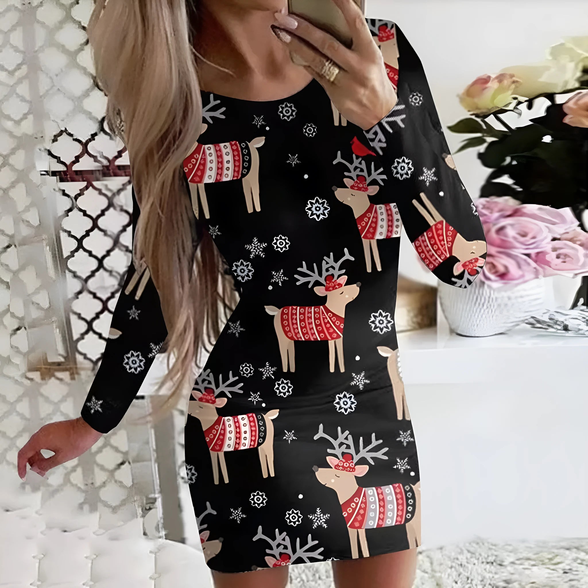 Christmas printed round neck long sleeve narrow dress with animal pattern and colourful flower design