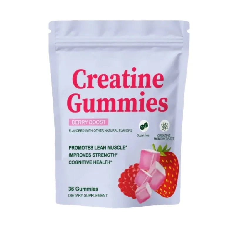 Bag of 36 creatine gummy supplements for muscle recovery, chewable format
