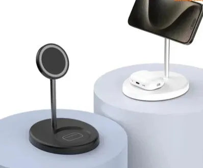 White vertical wireless charging stand holding a smartphone, showing the cooling vent hole on the side.