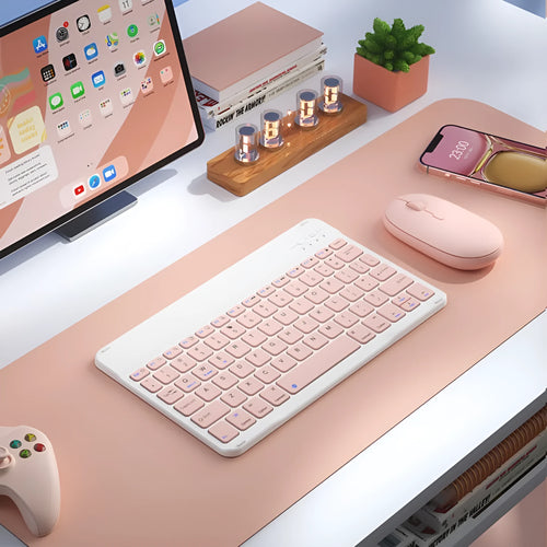 Bluetooth keyboard for tablet in ABS plastic, showing colour options including white, green, and pink.