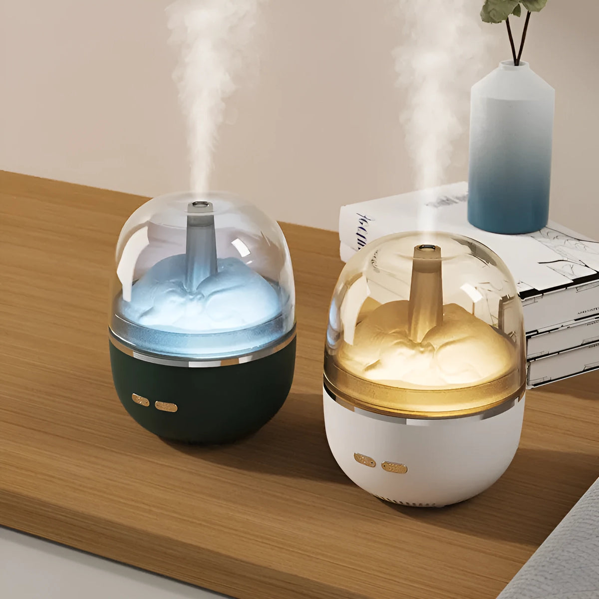 Ultrasonic aromatherapy humidifier with colourful gradient light, USB powered, 120x120x151mm, in green or white
